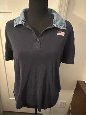 Classic vintage Navy Polo Top with Denim Collar and Flag Patch
